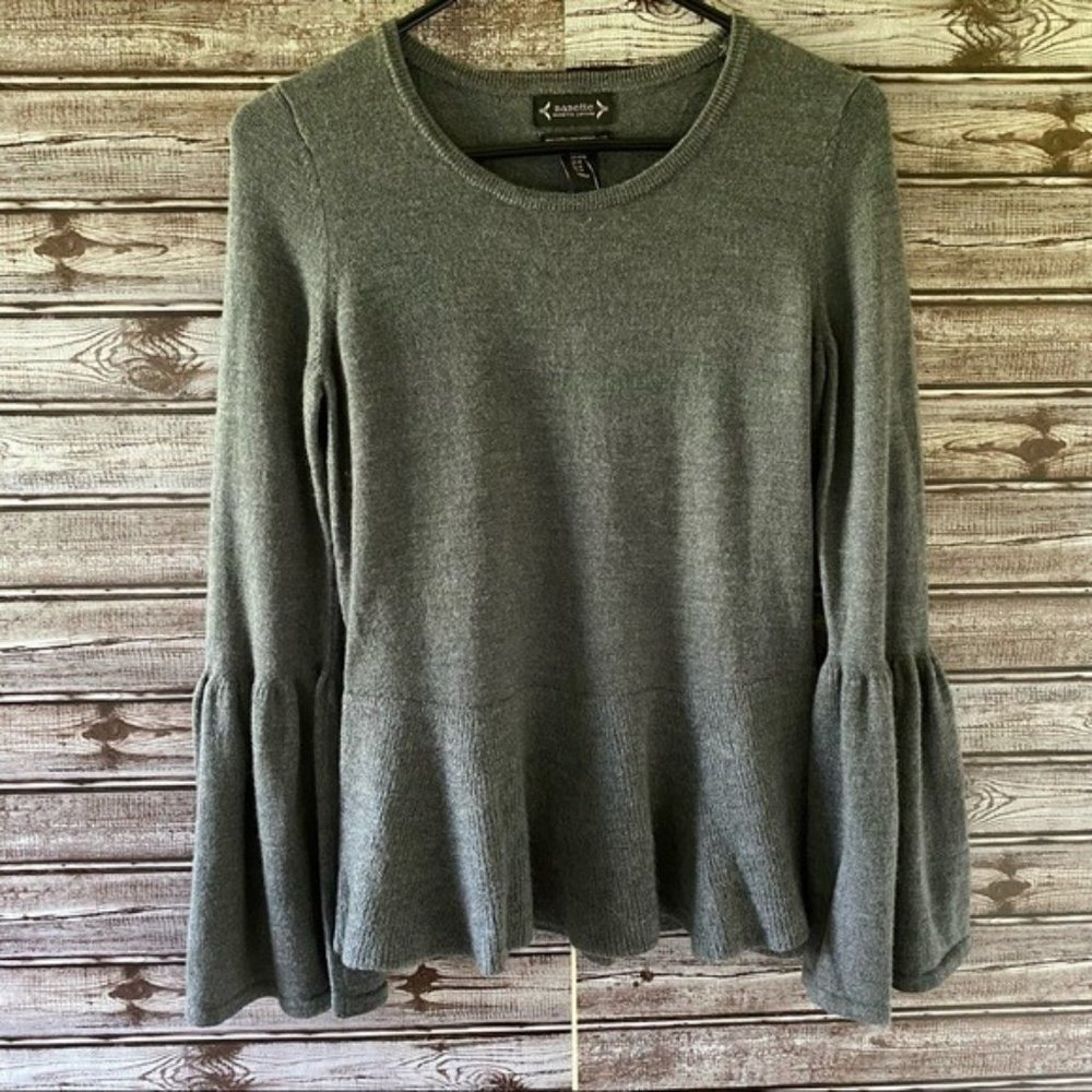 Nanette Lepore Gray Bell-Sleeve Wool Peplum Sweater